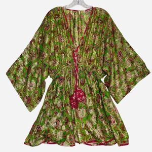 Miss June Paris Mini Dress Tunic Cover Up Green Gold Kimono Sleeve Beach Resort